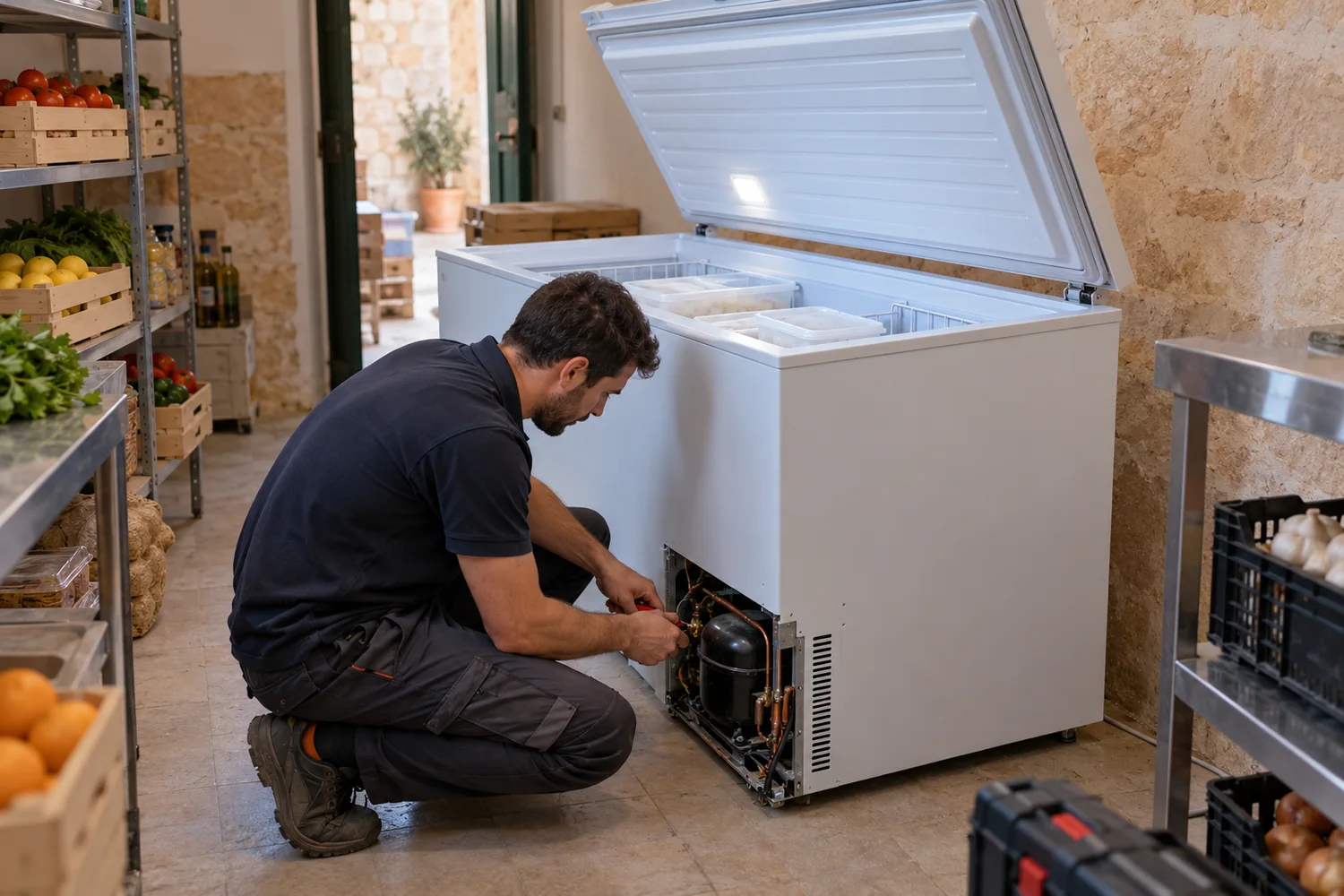 Técnico revisando un equipo de arcón / congelador en Mallorca