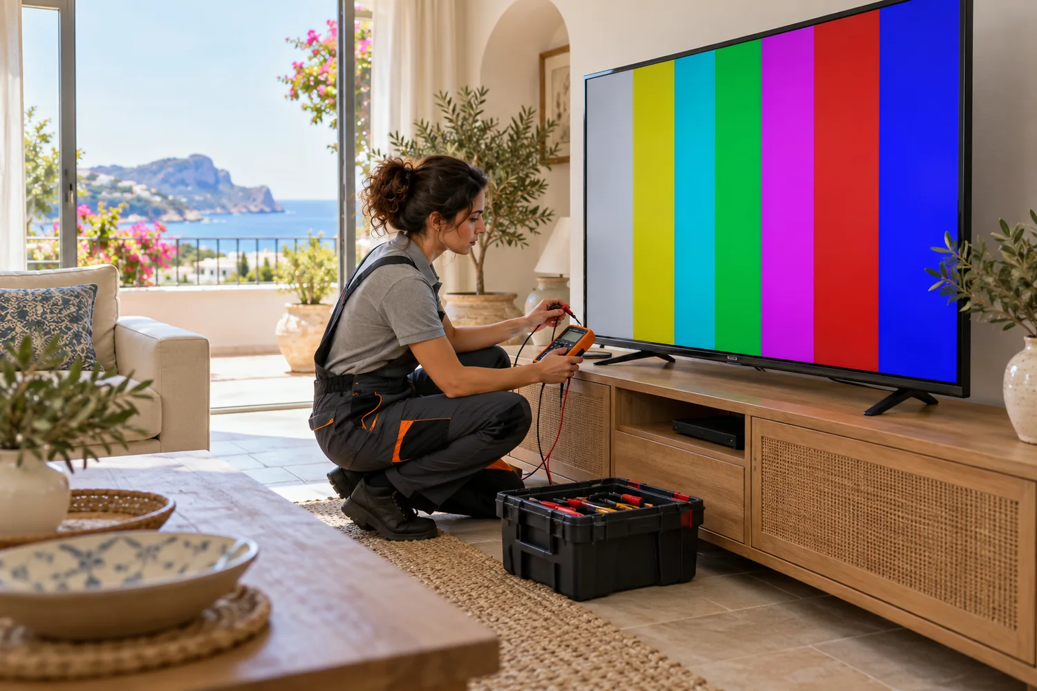 Técnico revisando un equipo de televisor en Mallorca